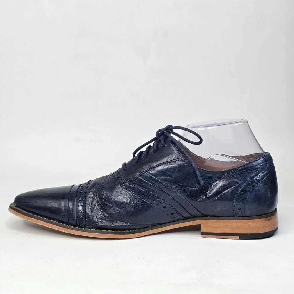 Stacy Adams Shoes Men's Size 10.5 Navy Blue Leather Cap Toe Brogue Oxford Casual